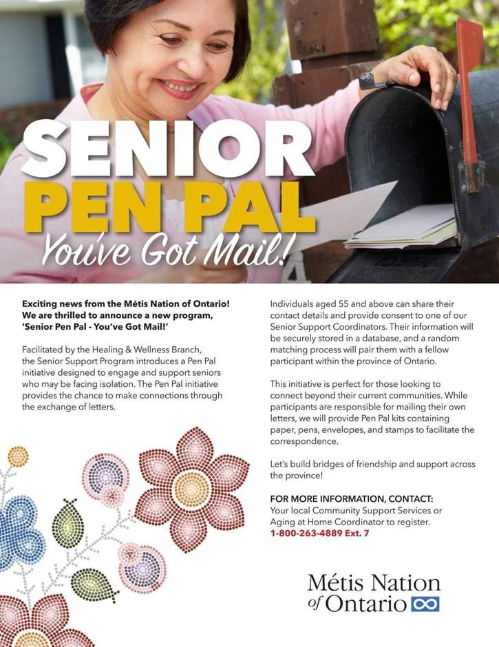 Facilitated by the Healing & Wellness Branch, the Senior Support Program introduces a Pen Pal initiative designed to engage and support seniors who may be facing isolation. The Pen Pal initiative provides the chance to make connections through the exchange of letters.